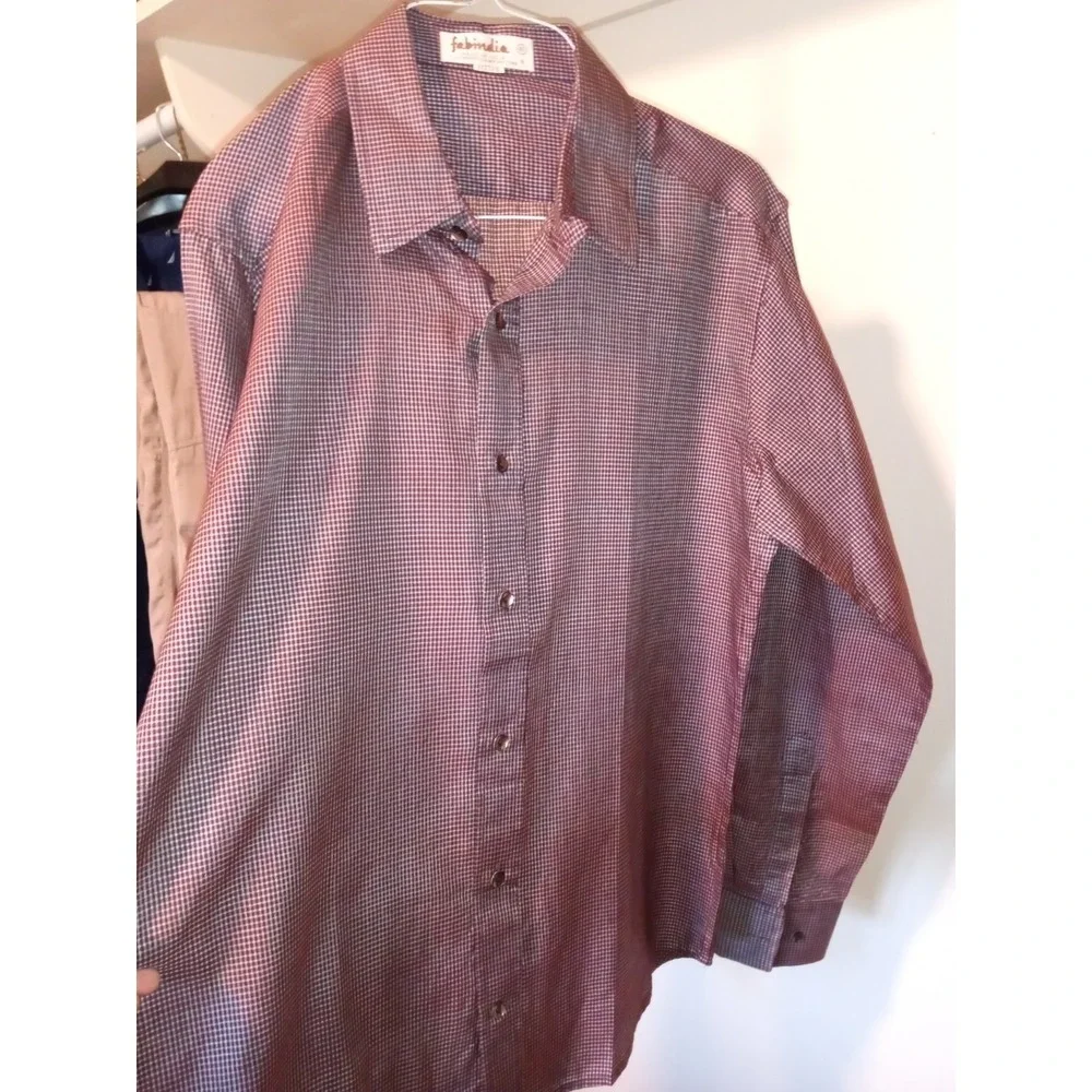 Fabindia Checked Shirt Men's Sz 40 Long Sleeve Fitted Button Down Brown Burgundy